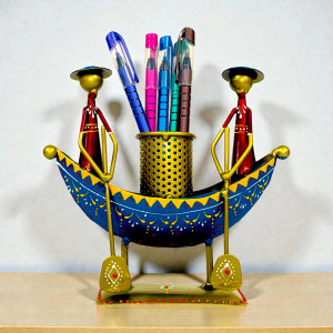 Handcrafted Metal Boat Pen Stand with Two Men Figurine - Ethnic Indian Rajasthani Art Decorative Desk Organizer - Unique Stationery Holder for Office and Home Decor (Blue and Gold)