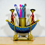 Handcrafted Metal Boat Pen Stand with Two Men Figurine - Ethnic Indian Rajasthani Art Decorative Desk Organizer - Unique Stationery Holder for Office and Home Decor (Blue and Gold)