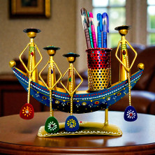 Handcrafted Metal Boat Pen Stand with Four Men Figurines - Ethnic Indian Rajasthani Art Decorative Desk Organizer - Unique Stationery Holder for Office and Home Decor (Multicolor)