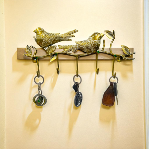 Handcrafted Metal Bird on Branch Key Holder for Wall - 5 Hooks Decorative Key Hanger - Antique Gold Finish Ethnic Home Decor and Entryway Organizer (Standard Size)