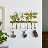 Handcrafted Metal Butterfly Key Holder for Wall - 7 Hooks Large Decorative Key Hanger - Antique Gold Finish Ethnic Home Decor and Entryway Organizer (Multicolor)