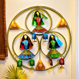 Handcrafted Metal Dancing Dolls Wall Hanging Traditional Rajasthani Ghoomar Dancers in Triple Circular Frame with Bells - Ethnic Wall Decor Art for Living Room and Gifting (Multicolor)