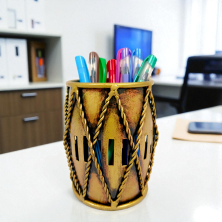 Handcrafted Dholak Style Pen Holder for Desk - Ethnic Indian Musical Instrument Shape Pencil Stand - Decorative Metal Desktop Organizer & Unique Stationery Gift Item (Antique Gold)