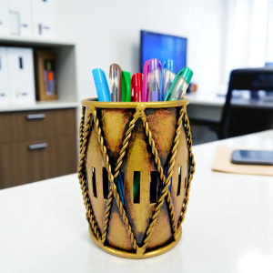 Handcrafted Dholak Style Pen Holder for Desk - Ethnic Indian Musical Instrument Shape Pencil Stand - Decorative Metal Desktop Organizer & Unique Stationery Gift Item (Antique Gold)