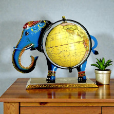 Handcrafted Metal Elephant World Globe with Rotating Geographic Map - Decorative Animal Shaped Desktop Globe for Office, Study Table and Home Decor - Unique Educational & Corporate Gift (Blue & Gold)