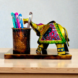 Handpainted Ambabari Elephant Metal Pen Stand and Desk Organizer Iron Table Decorative Showpiece for Living Room Office and Wedding Gifting