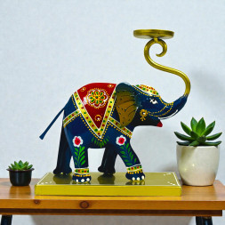 Handcrafted Metal Elephant Tea Light Holder with Trunk-Up Candle Stand - Large Handpainted Blue Elephant Figurine for Home Decor - Traditional Indian Ethnic Diya for Diwali Puja and Gifting (Dark Blue)