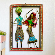 Handcrafted Metal Folk Dancing Couple Wall Hanging Traditional Rajasthani Villager Statues in Decorative Frame - Ethnic Wall Art Showpiece for Home, Living Room and Gifting (Multicolor)