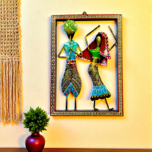 Handcrafted Metal Folk Dancing Couple Wall Hanging Traditional Rajasthani Villager Statues in Decorative Frame - Ethnic Wall Art Showpiece for Home, Living Room and Gifting (Multicolor)