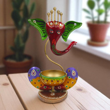 Handcrafted Metal Lord Ganesha Tea Light Holder - Multicolor Decorative Ganesh Figurine Diya for Home Decor - Traditional Indian Handpainted Spiritual Gift for Diwali and Puja (Red, Green, and Purple)