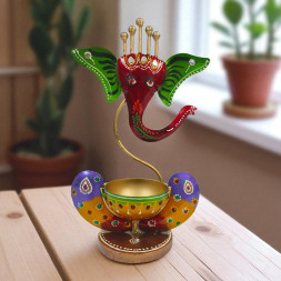 Handcrafted Metal Lord Ganesha Tea Light Holder - Multicolor Decorative Ganesh Figurine Diya for Home Decor - Traditional Indian Handpainted Spiritual Gift for Diwali and Puja (Red, Green, and Purple)