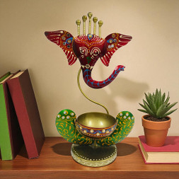 Handcrafted Metal Lord Ganesha Large Tea Light Holder - Large Decorative Ganesh Figurine Diya for Home Decor - Traditional Indian Handpainted Spiritual Gift for Diwali and Puja (Maroon and Green)