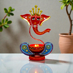 Handcrafted Metal Lord Ganesha Tea Light Small Candle Holder - Traditional Indian Rajasthani Art Decorative Diya for Home Decor - Spiritual Votive Holder for Diwali Puja and Living Room (Red and Blue)
