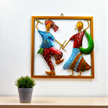 Handcrafted Metal Dandiya Garba Couple Wall Hanging Traditional Gujarati Folk Dance Statues in Decorative Frame - Ethnic Wall Decor Art for Home, Living Room and Festive Gifting (Multicolor)