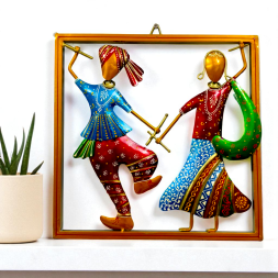 Handcrafted Metal Dandiya Garba Couple Wall Hanging Traditional Gujarati Folk Dance Statues in Decorative Frame - Ethnic Wall Decor Art for Home, Living Room and Festive Gifting (Multicolor)