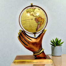 Handcrafted Vintage World Globe with Antique Hand-Shaped Stand - Decorative Rotating Geographic Globe for Office Desk, Study Table and Home Decor - Unique Educational and Corporate Gift (Antique Gold & Brown)