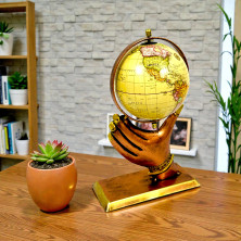 Handcrafted Vintage World Globe with Antique Hand-Shaped Stand - Decorative Rotating Geographic Globe for Office Desk, Study Table and Home Decor - Unique Educational and Corporate Gift (Antique Gold & Brown)