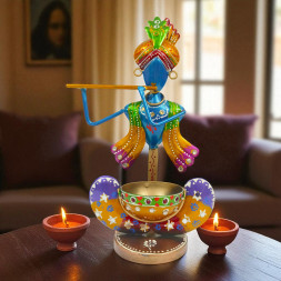 Handcrafted Metal Lord Krishna Tea Light Holder with Flute -Multicolour Krishna Figurine Traditional Indian Art Decorative Diya - Spiritual Votive Holder for Diwali and Home Office Decor (Multi)