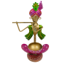 Handcrafted Metal Lord Krishna Tea Light Holder with Flute - Traditional Indian Rajasthani Art Decorative Diya for Home Decor - Spiritual Votive Holder for Diwali Puja and Living Room (Pink and Green)
