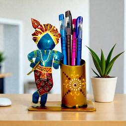 Handcrafted Metal Lord Krishna Pen Stand with Flute - Traditional Indian Rajasthani Art Decorative Desk Organizer - Unique Spiritual Stationery Holder for Office and Home Decor (Multicolor)