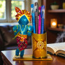 Handcrafted Metal Lord Krishna Pen Stand with Flute - Traditional Indian Rajasthani Art Decorative Desk Organizer - Unique Spiritual Stationery Holder for Office and Home Decor (Multicolor)