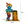 Handcrafted Metal Lord Krishna Pen Stand with Flute - Traditional Indian Rajasthani Art Decorative Desk Organizer - Unique Spiritual Stationery Holder for Office and Home Decor (Multicolor)