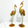 Handcrafted Metal Crane Pair Figurines - Set of 2 Tall Standing Saras Bird Statues for Home Decor - Traditional Indian Handpainted Ethnic Showpiece for Living Room and Gifting (Gold and Brown)