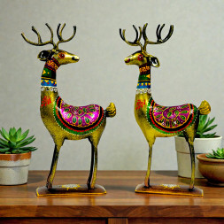 Handcrafted Metal Deer Pair Figurines - Set of 2 Traditional Rajasthani Meenakari Art Reindeer Statues - Ethnic Decorative Showpiece for Home, Living Room and Festive Gifting (Gold and Multicolor)