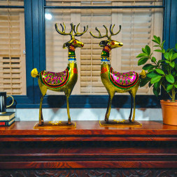 Handcrafted Metal Deer Pair Figurines - Set of 2 Traditional Rajasthani Meenakari Art Reindeer Statues - Ethnic Decorative Showpiece for Home, Living Room and Festive Gifting (Gold and Multicolor)