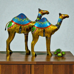 Handcrafted Metal Camel Figurines - Set of 2 Traditional Rajasthani Meenakari Art Camel Statues - Ethnic Decorative Showpiece for Home, Living Room and Festive Gifting (Gold and Blue)