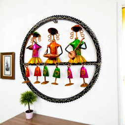 Handcrafted Metal Musician Dolls Ring Wall Hanging Traditional Rajasthani Music Men in Circular Frame with Hanging Bells - Ethnic Wall Decor Art for Home and Office (Multicolor)