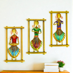 Handcrafted Metal Musician Lady Wall Hanging Frames - Set of 3 Traditional Ethnic Women Figurines Playing Instruments - Decorative Wall Art Showpiece for Living Room, Office and Gifting (Multicolor & Gold)