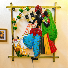 Handcrafted Metal Radha Krishna Wall Hanging with LED Backlight - Traditional Radha Kishan Murti with Cow and Lotus Design - Spiritual Wall Art for Home Entrance, Puja Room and Gifting (Multicolor)