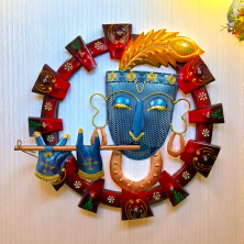 Handcrafted Metal Lord Krishna Face Wall Hanging with LED Backlight - Traditional Krishna Mask Art with Flute and Peacock Feather - Spiritual Wall Decor for Home, Puja Room and Gifting (Red & Blue)