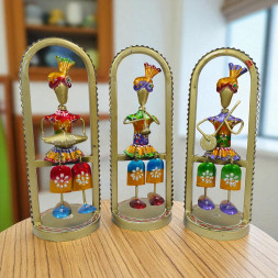 Handcrafted Metal Rajasthani Musician Figurines with Frames - Set of 3 Traditional Indian Sardar Statues Playing Instruments - Ethnic Decorative Wall and Shelf Showpiece for Home and Office Decor (Multicolor)