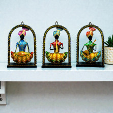 Handcrafted Metal Sardar Musician Figurines in Black Frames - Set of 3 Small Traditional Indian Statues Playing Instruments - Ethnic Decorative Wall or Shelf Showpiece for Home and Office (Multicolor)