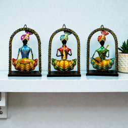 Handcrafted Metal Sardar Musician Figurines in Black Frames - Set of 3 Small Traditional Indian Statues Playing Instruments - Ethnic Decorative Wall or Shelf Showpiece for Home and Office (Multicolor)