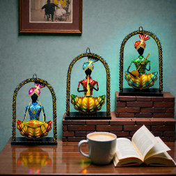 Handcrafted Metal Sardar Musician Figurines in Black Frames - Set of 3 Small Traditional Indian Statues Playing Instruments - Ethnic Decorative Wall or Shelf Showpiece for Home and Office (Multicolor)
