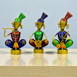 Handcrafted Metal Rajasthani Tribal Musician Figurines - Set of 3 Traditional Indian Folk Man Statues Playing Instruments - Ethnic Decorative Showpiece for Home, Office and Living Room Decor (Multicolor)