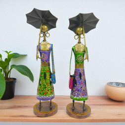 Handcrafted Metal Umbrella Lady Figurines - Set of 2 Tall Traditional Indian Women Statues with Parasols - Ethnic Decorative Showpiece for Home, Office and Living Room Decor (Purple and Green)